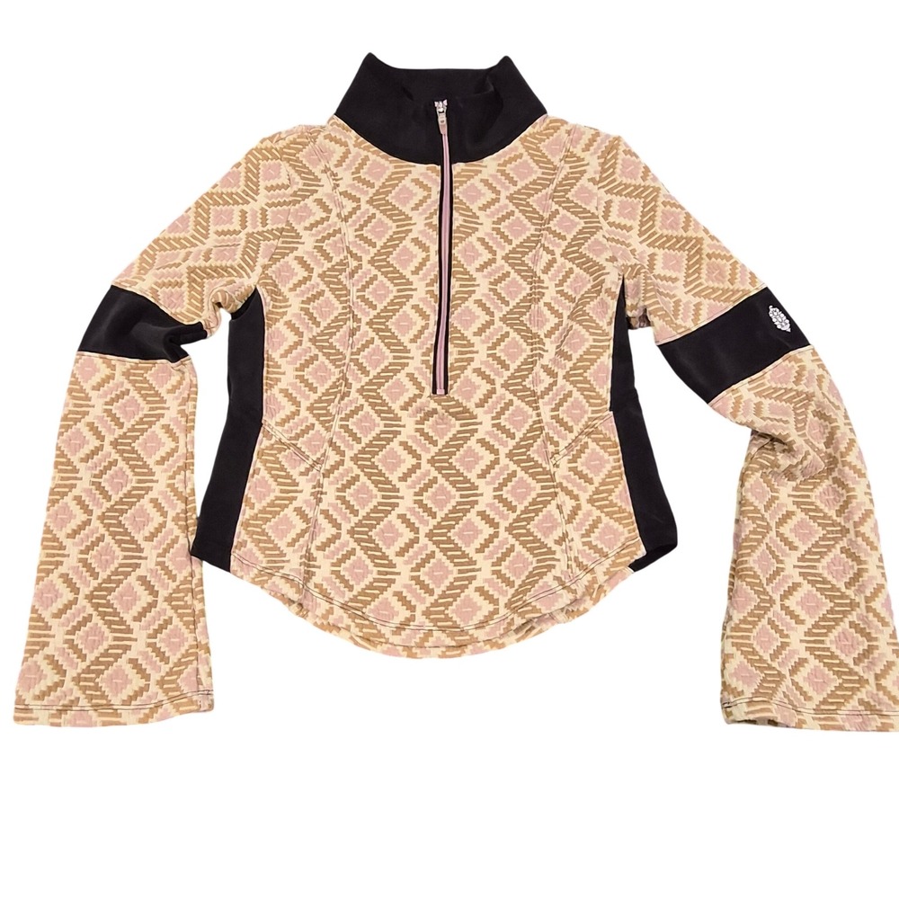 Free People Movement Geometric Jacquard Quarter Zip Pullover Bell Sleeve Tan M